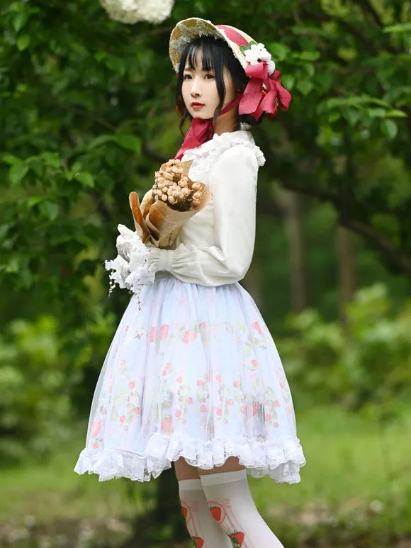 Sweet Lolita Skirt Tiered Lace Light Sky Blue Polyester Fruit Pattern Lolita Mini Skirts