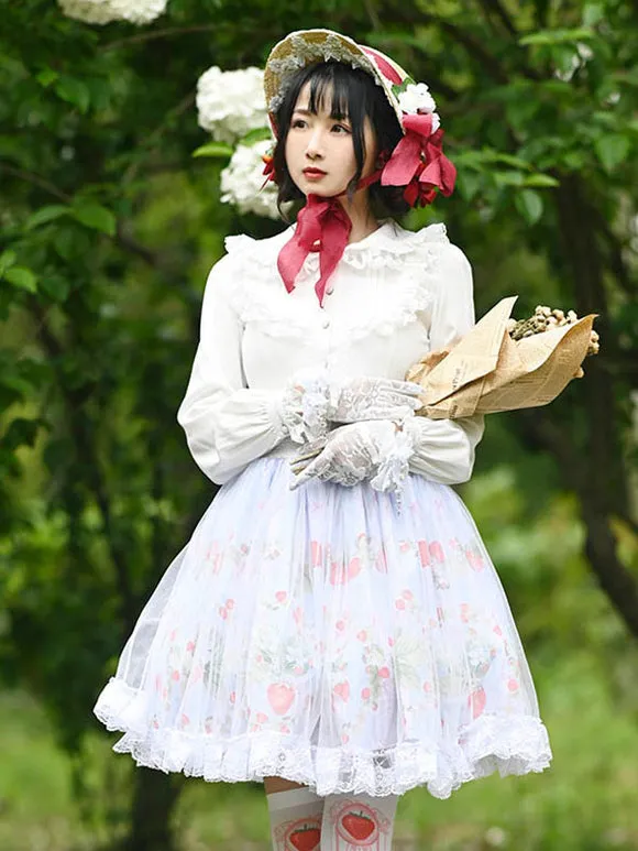 Sweet Lolita Skirt Tiered Lace Light Sky Blue Polyester Fruit Pattern Lolita Mini Skirts
