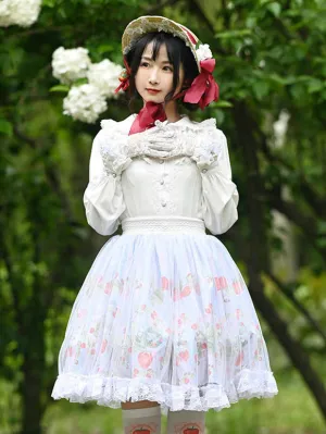 Sweet Lolita Skirt Tiered Lace Light Sky Blue Polyester Fruit Pattern Lolita Mini Skirts