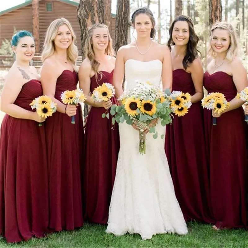 Sweetheart Burgundy Bridesmaid Dresses Chiffon Long Wedding Guest Dress