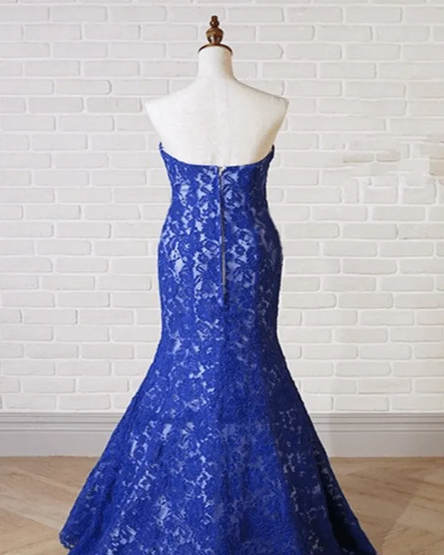 Sweetheart Neck Royal Blue Lace Long Mermaid Prom Dress