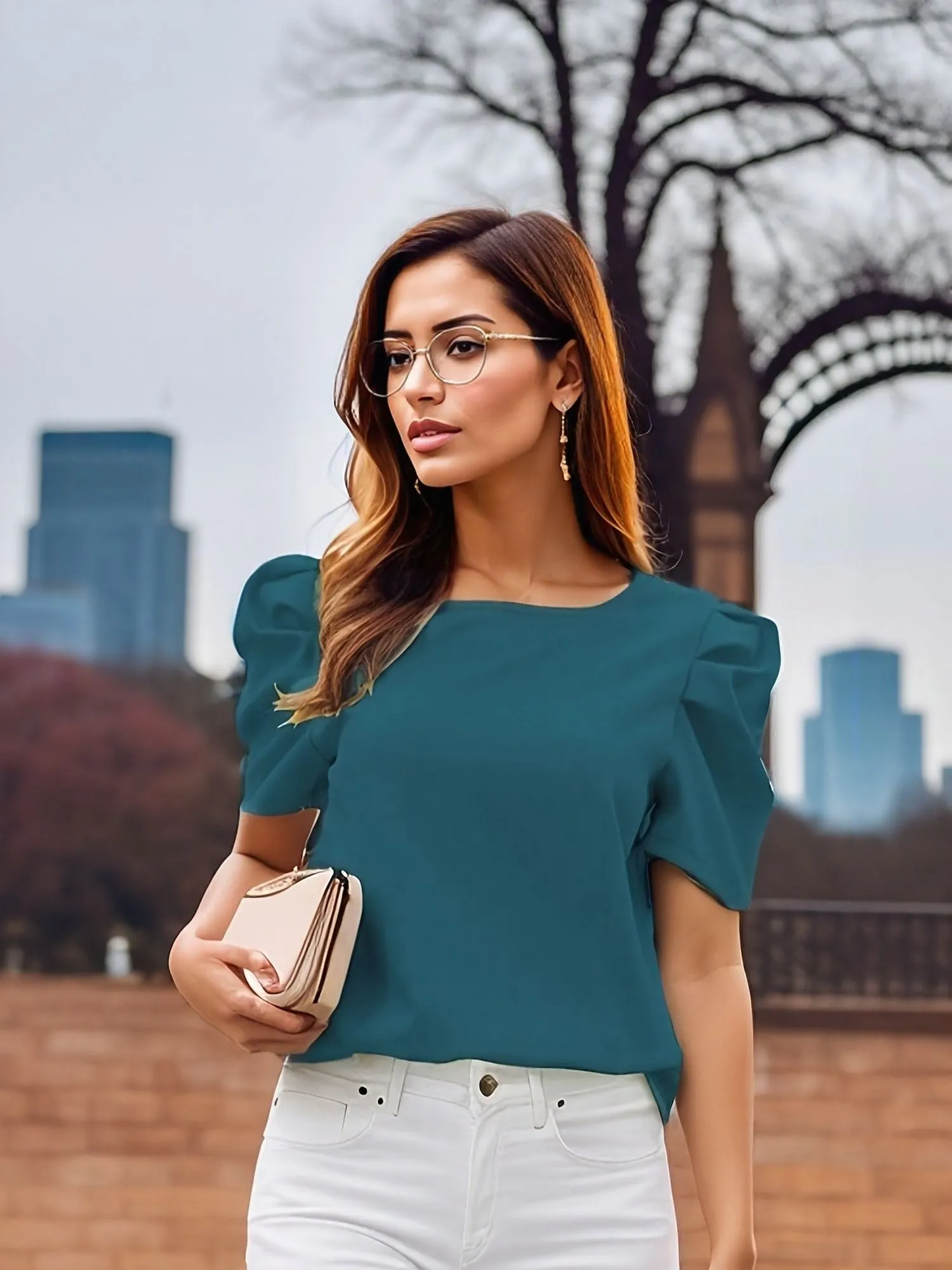 Teal Half Sleeves With Puff Details Top