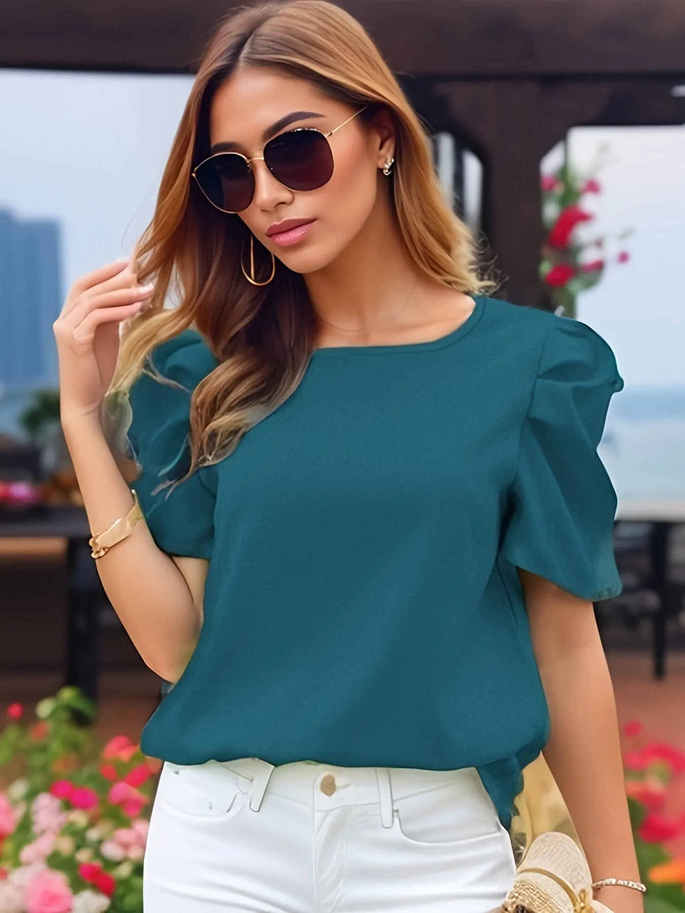 Teal Half Sleeves With Puff Details Top