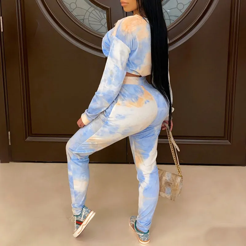 Tie Dye Print Drawstring Crop Top & Pants Set