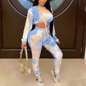 Tie Dye Print Drawstring Crop Top & Pants Set