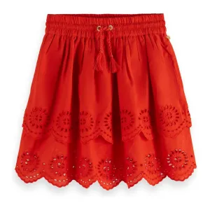 Tiered Broderie Anglaise Skirt - Lobster Red