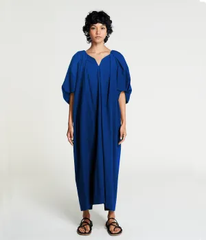 TUCKED COCOON DRESS IN BLUE