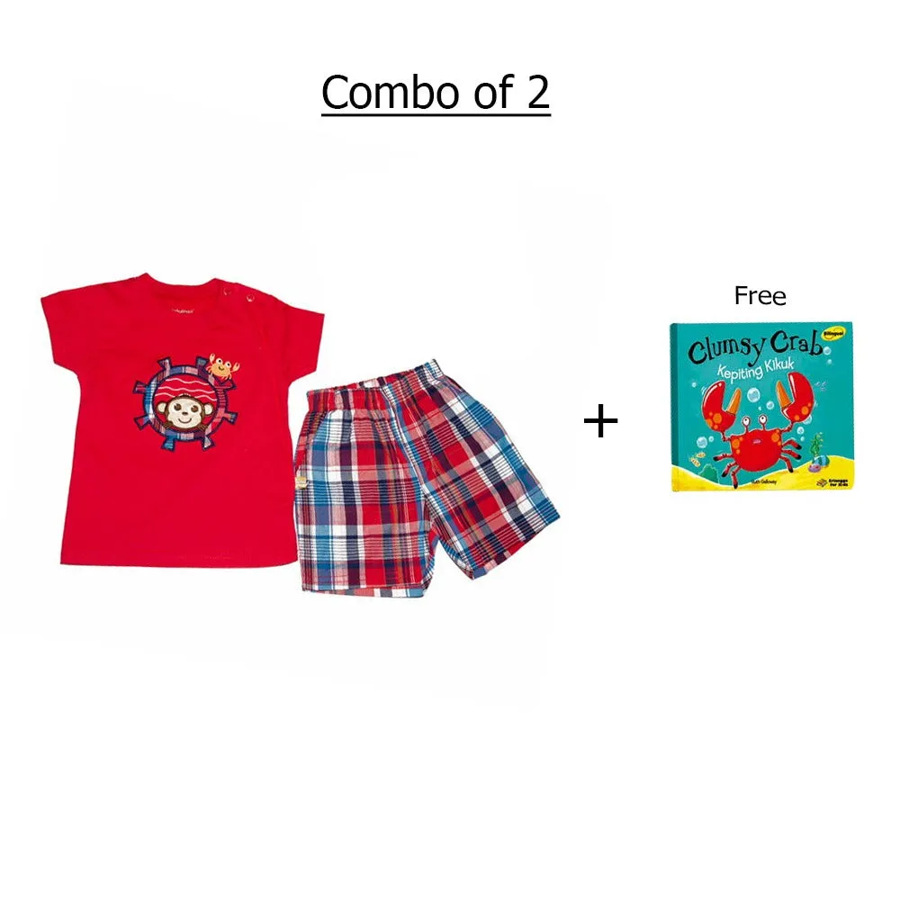 Two piece boy red monkey sailor top with red, white, and blue plaid shorts