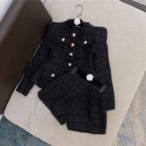 Two-Piece Tweed Shorts and Blazer Set Sexy O-Neck Long Sleeve Single Breasted Jacket And Short Pants Clubwear Party Set