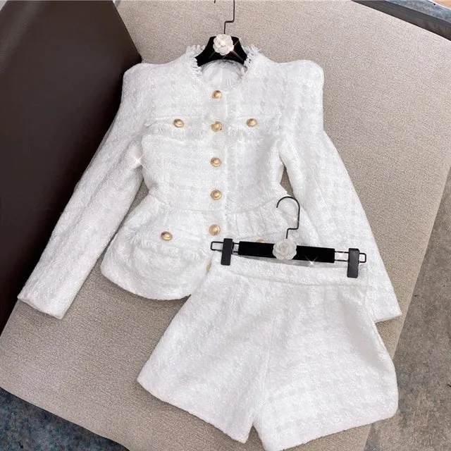 Two-Piece Tweed Shorts and Blazer Set Sexy O-Neck Long Sleeve Single Breasted Jacket And Short Pants Clubwear Party Set