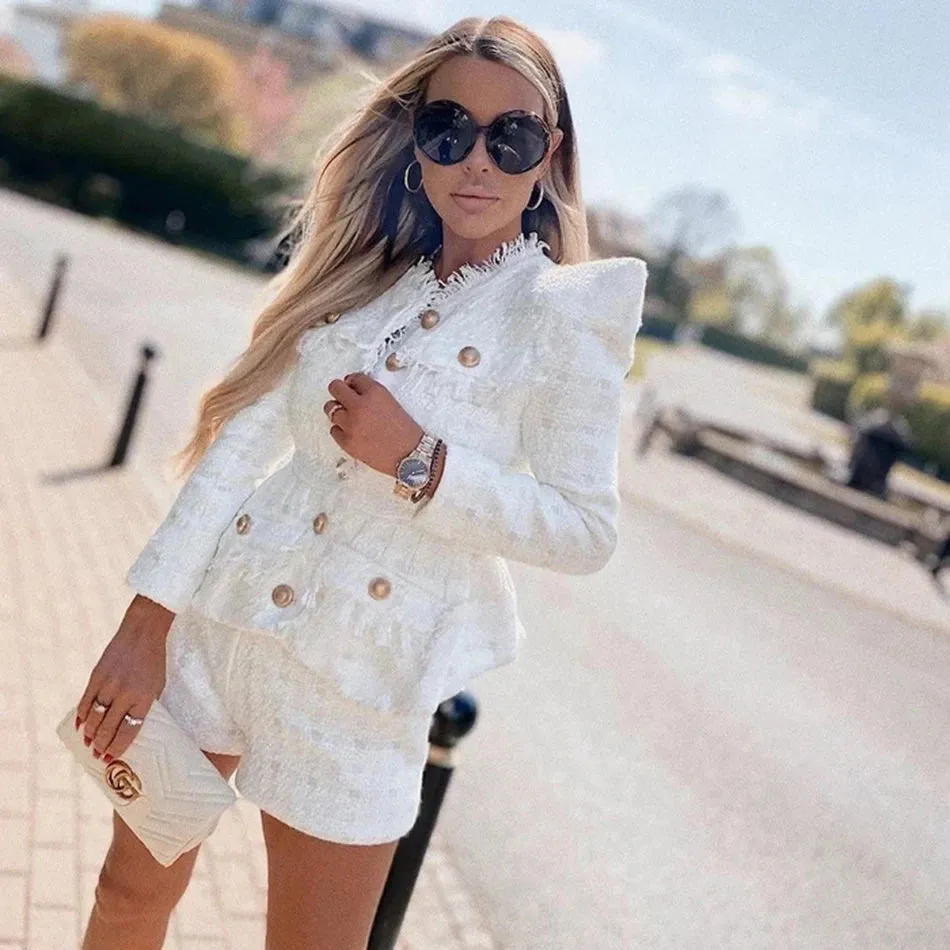 Two-Piece Tweed Shorts and Blazer Set Sexy O-Neck Long Sleeve Single Breasted Jacket And Short Pants Clubwear Party Set
