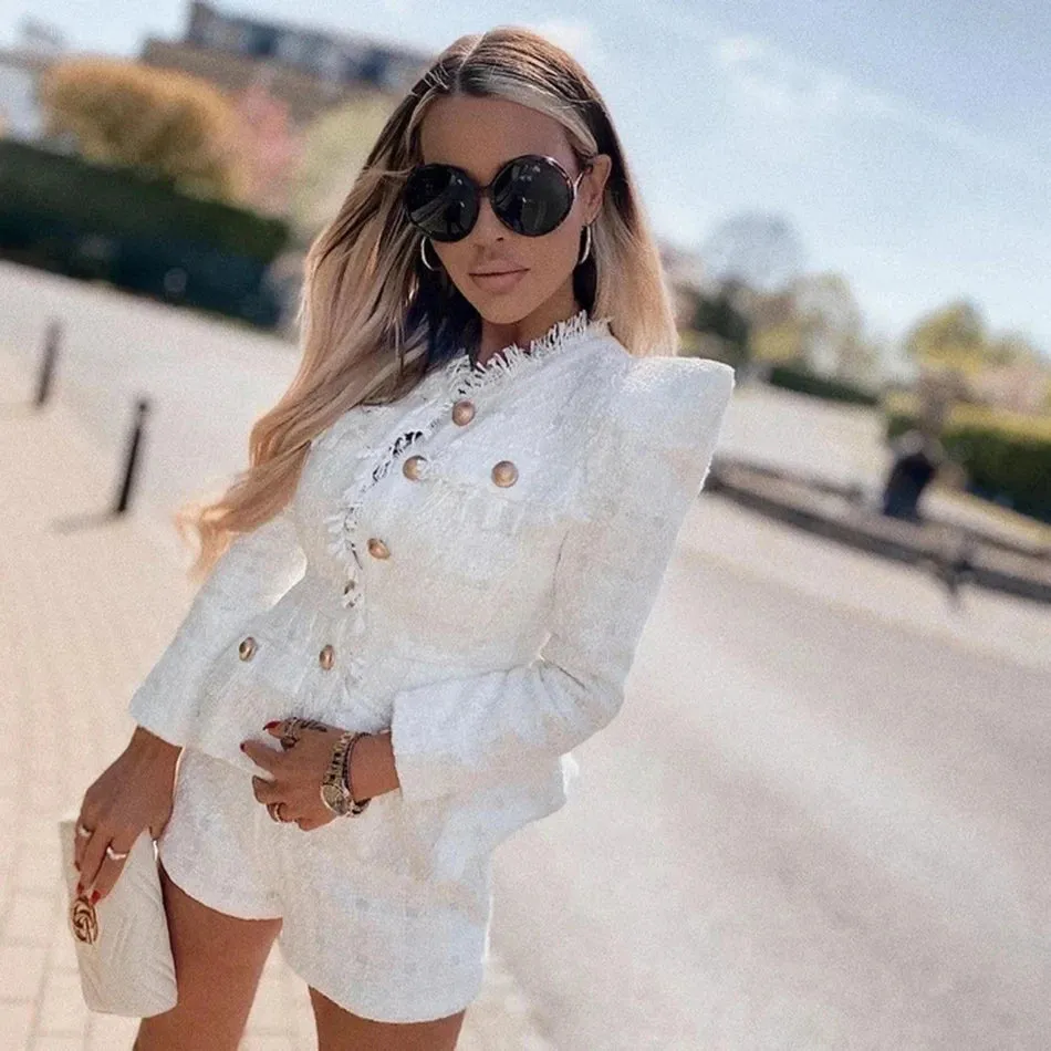Two-Piece Tweed Shorts and Blazer Set Sexy O-Neck Long Sleeve Single Breasted Jacket And Short Pants Clubwear Party Set