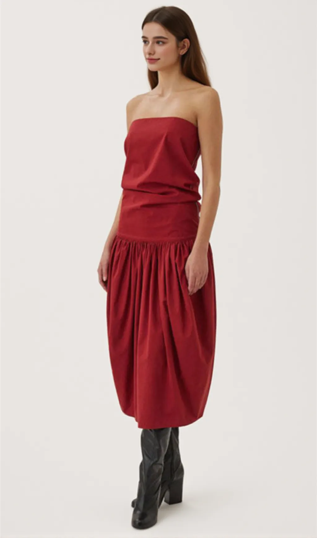 Two Way Ruched Detail Low Waist Cotton Blend Strapless Midi Dress - Red