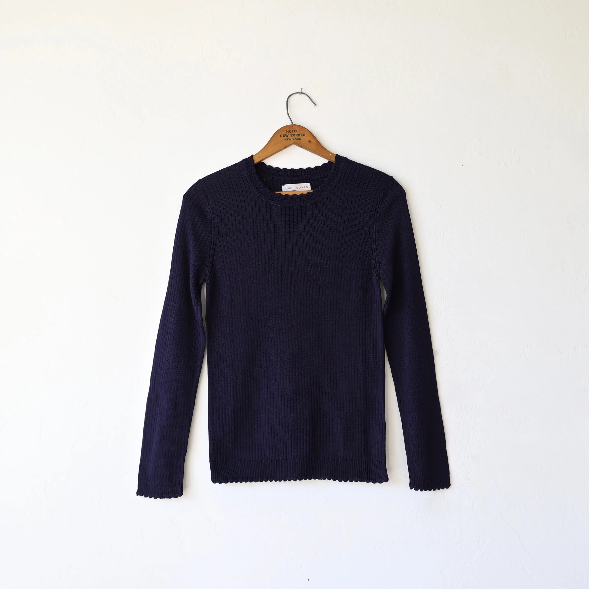 Une Heures Italian Silk Scallop Long Sleeve - Dark Navy