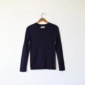 Une Heures Italian Silk Scallop Long Sleeve - Dark Navy