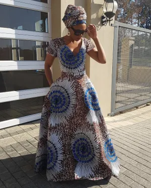 V Neck African spiral print Short Sleeve Maxi Dress