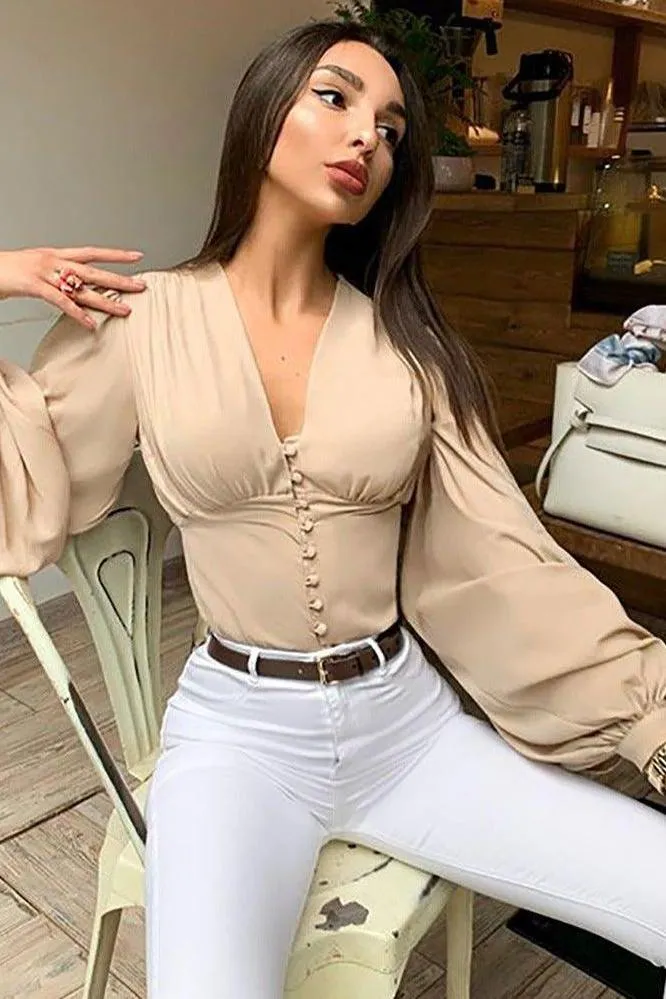 V-neck button puff sleeve slim long-sleeved T-shirt