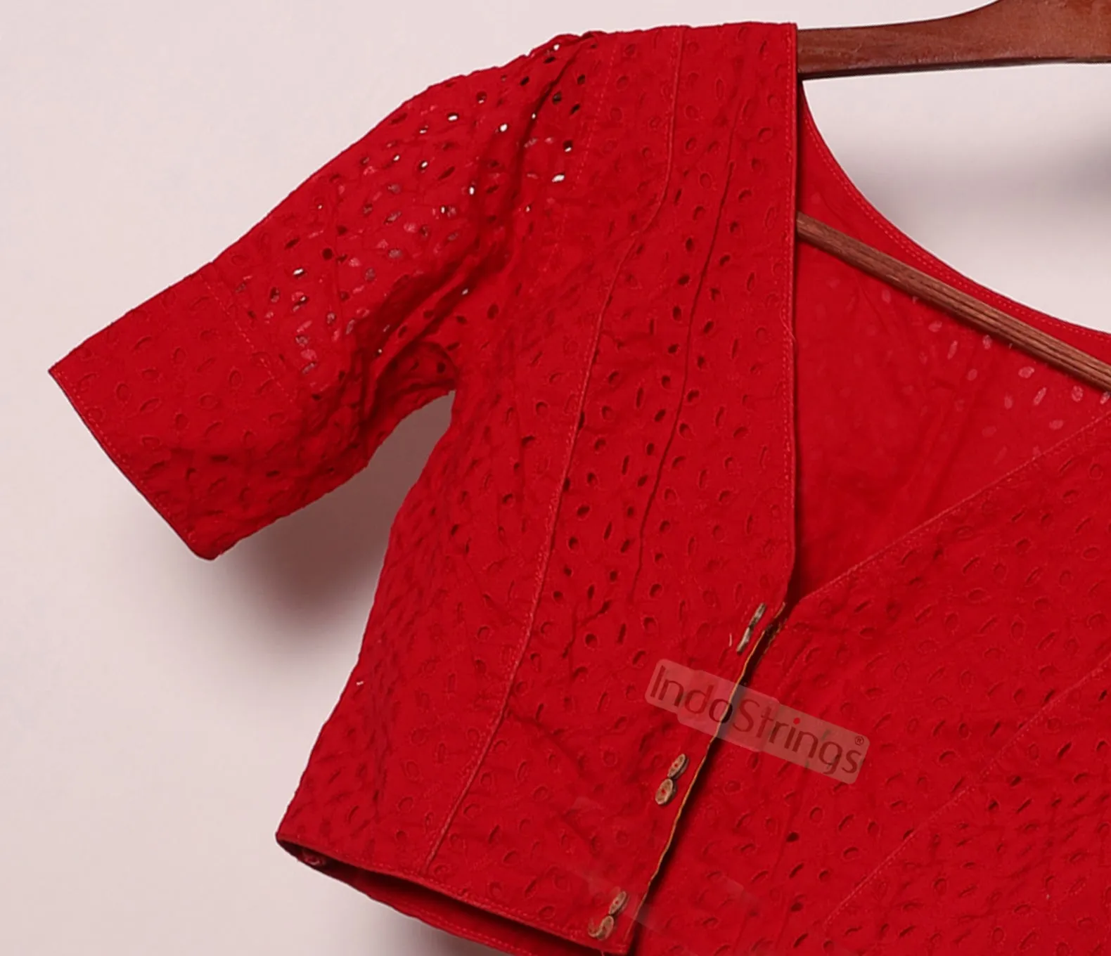 V Neck Chikankari Puff Sleeves Blouse (Red)