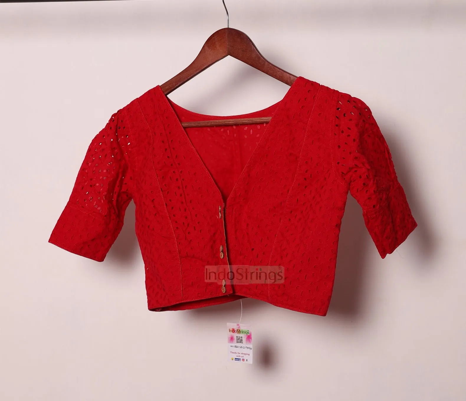 V Neck Chikankari Puff Sleeves Blouse (Red)