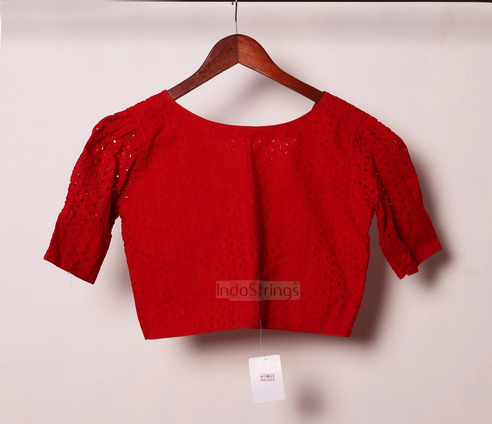 V Neck Chikankari Puff Sleeves Blouse (Red)