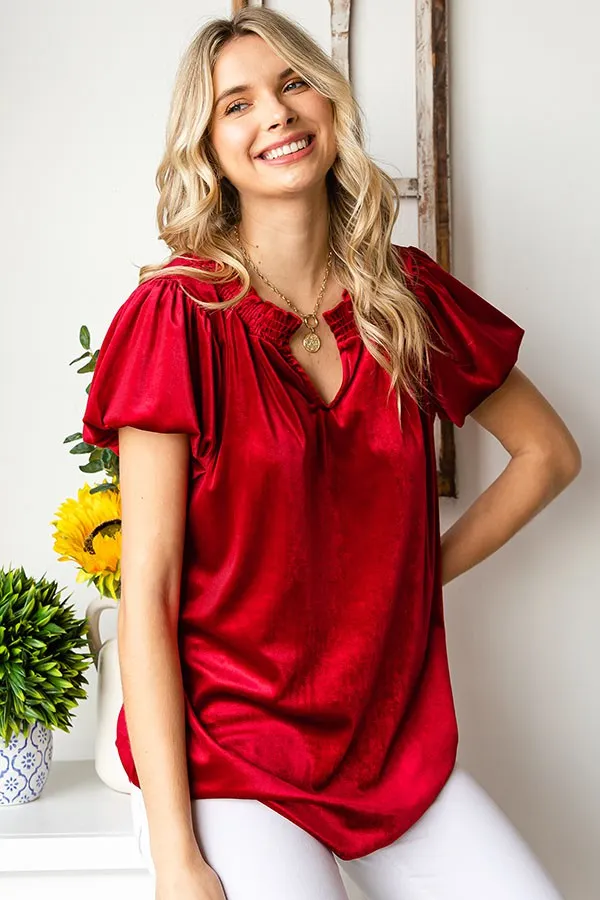 Velvet Smocked Split Neckline Puff Sleeve Top *DEAL - COUPON EXCLUDED*