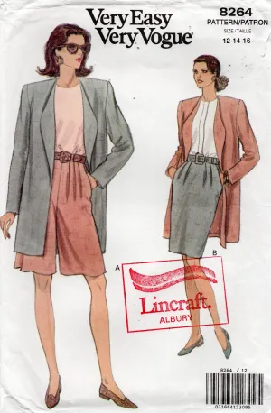 Very Easy Vogue 8264 Womens Long Jacket Pleated Skirt & Shorts 1990s Vintage Sewing Pattern Size 12 - 16 UNCUT Factory Folded