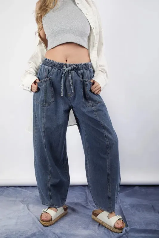 VERY J Washed Chambray Barrel Denim Pants