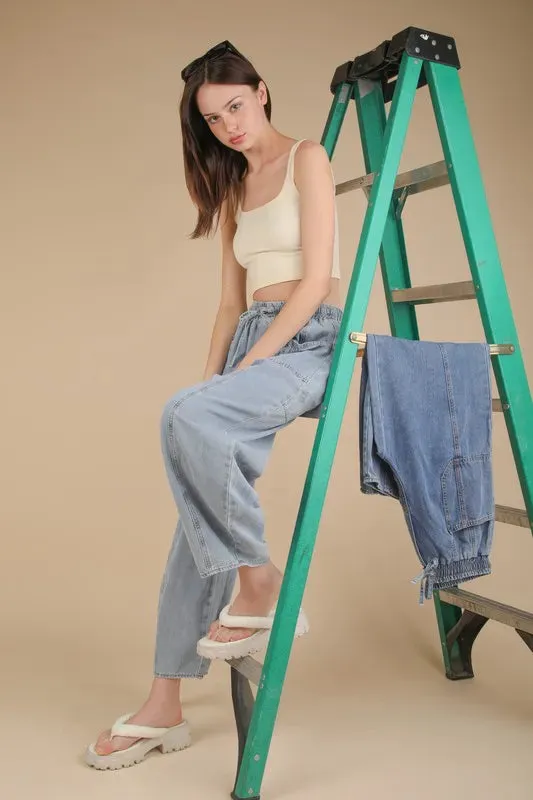 VERY J Washed Chambray Barrel Denim Pants