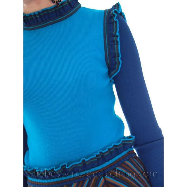 Vintage Avagolf Wool Knit Sweater Skirt Set 1970s Electric Blue Medium