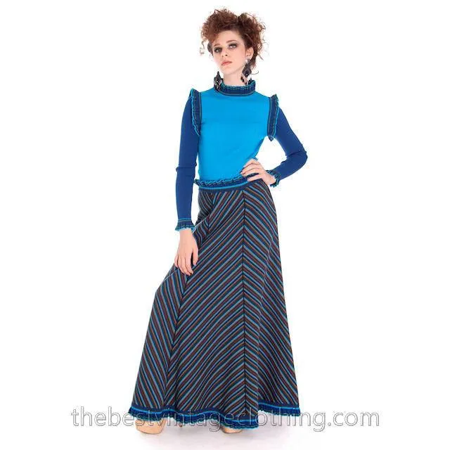 Vintage Avagolf Wool Knit Sweater Skirt Set 1970s Electric Blue Medium