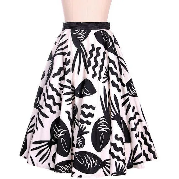 Vintage Cotton Circle Skirt Black & White Bold Whimsical Fish Print 1950s 26 Wais