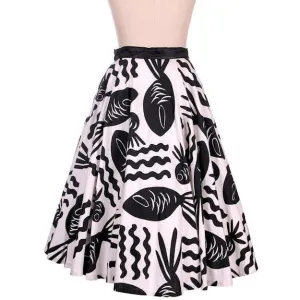 Vintage Cotton Circle Skirt Black & White Bold Whimsical Fish Print 1950s 26 Wais