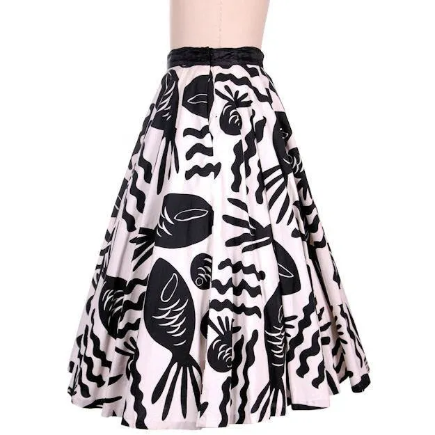 Vintage Cotton Circle Skirt Black & White Bold Whimsical Fish Print 1950s 26 Wais