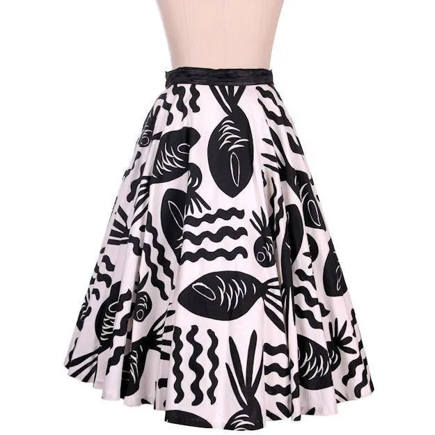Vintage Cotton Circle Skirt Black & White Bold Whimsical Fish Print 1950s 26 Wais
