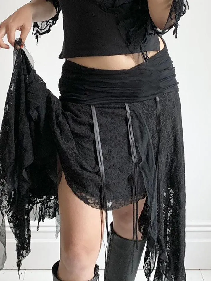 Vintage Irregular Wavy Edge Hem Lace Splicing Skirts