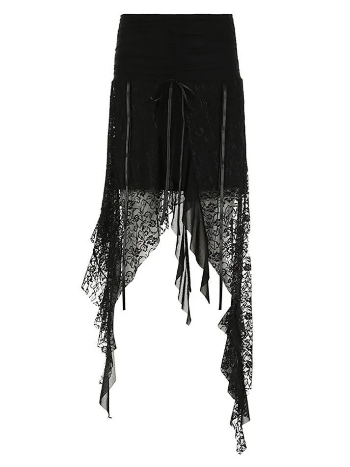 Vintage Irregular Wavy Edge Hem Lace Splicing Skirts