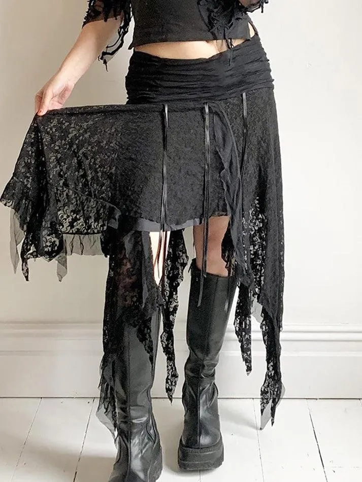 Vintage Irregular Wavy Edge Hem Lace Splicing Skirts