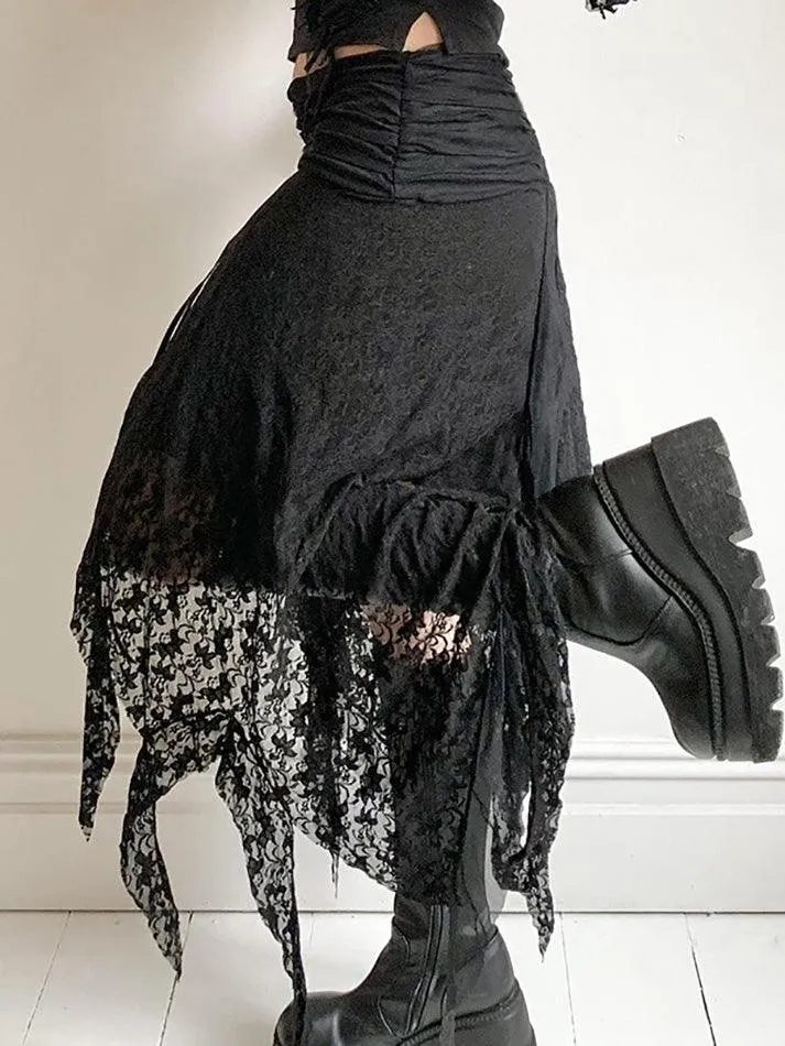 Vintage Irregular Wavy Edge Hem Lace Splicing Skirts