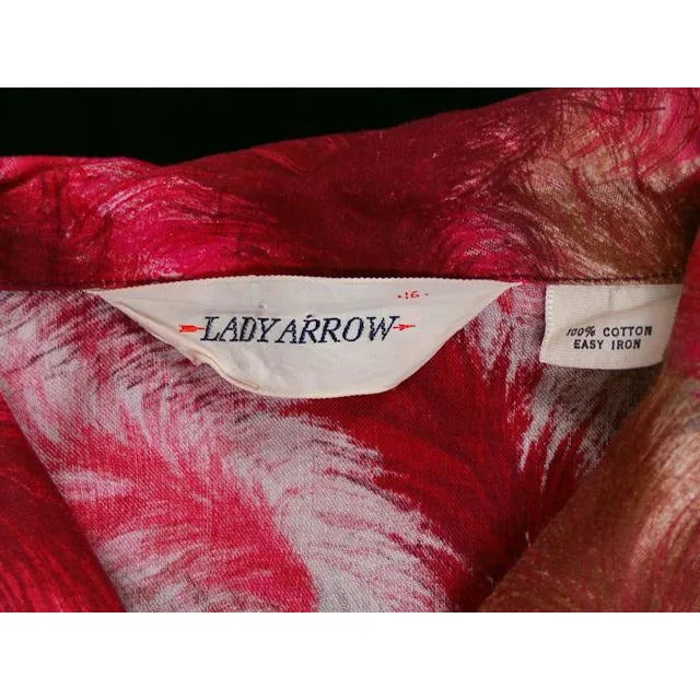 Vintage Lady Arrow Red Feather Print Cotton Blouse 1950s M-L VLV