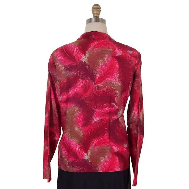 Vintage Lady Arrow Red Feather Print Cotton Blouse 1950s M-L VLV