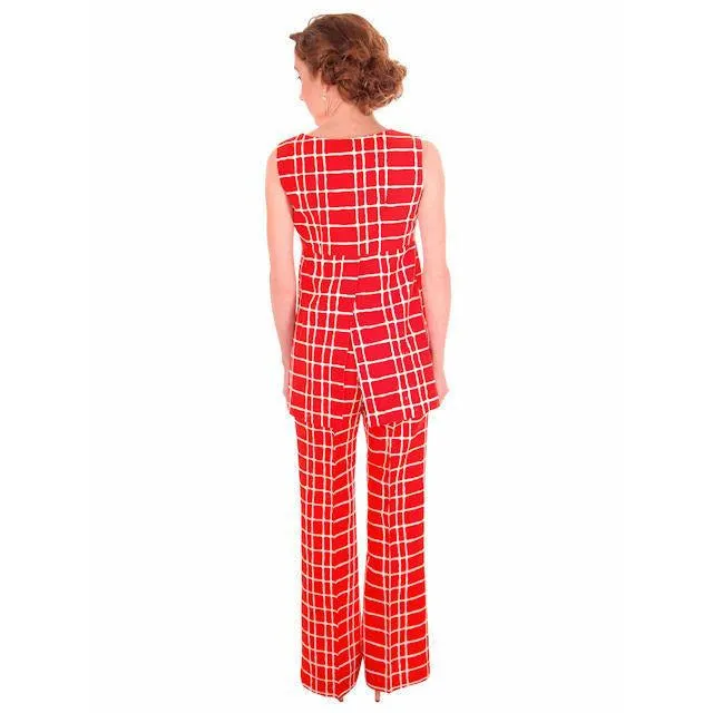 Vintage Womens Pantsuit Orange & White Empire Waist Top 1970s Small