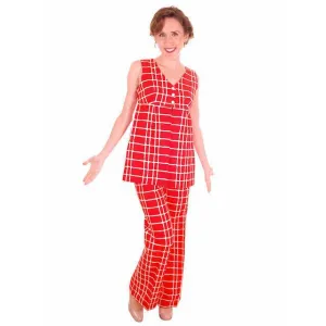 Vintage Womens Pantsuit Orange & White Empire Waist Top 1970s Small