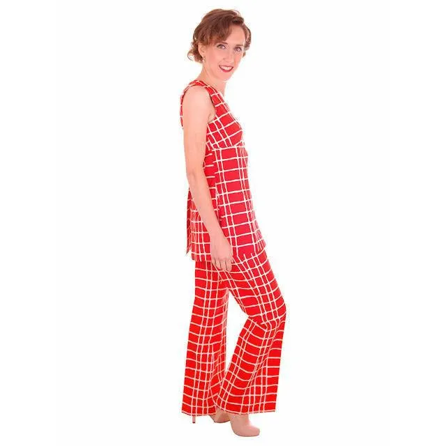 Vintage Womens Pantsuit Orange & White Empire Waist Top 1970s Small