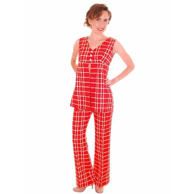 Vintage Womens Pantsuit Orange & White Empire Waist Top 1970s Small