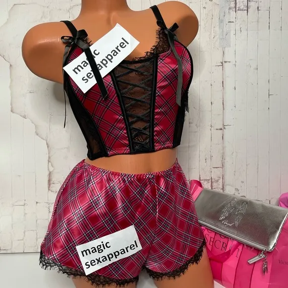 VS 2 PC SET S-DD M BRA TOP BUSTIER CORSET SHORTS SATIN VELVET PLAID
