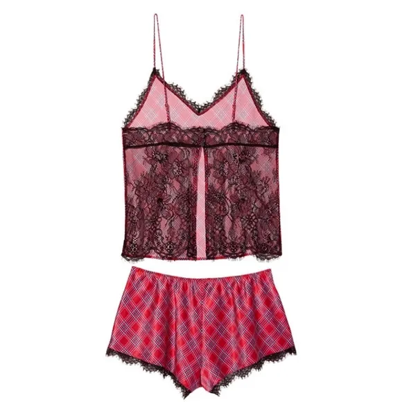 V.S.-(2pc)Red Plaid W/Black Lace Trim &amp; Full Lace Open Back Cami &amp; Mini Shorts