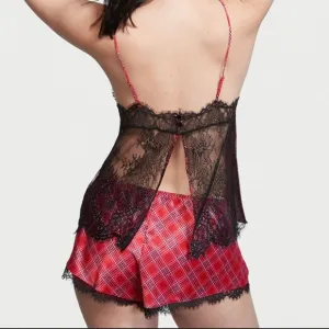 V.S.-(2pc)Red Plaid W/Black Lace Trim &amp; Full Lace Open Back Cami &amp; Mini Shorts