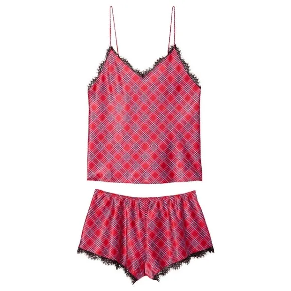 V.S.-(2pc)Red Plaid W/Black Lace Trim &amp; Full Lace Open Back Cami &amp; Mini Shorts