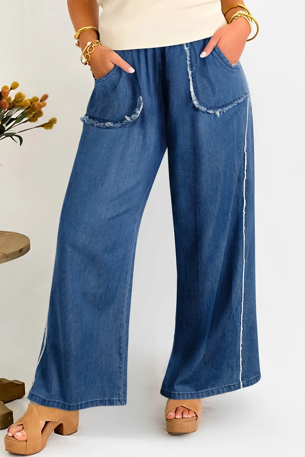 Washed Denim Chambray Plus Size Pants