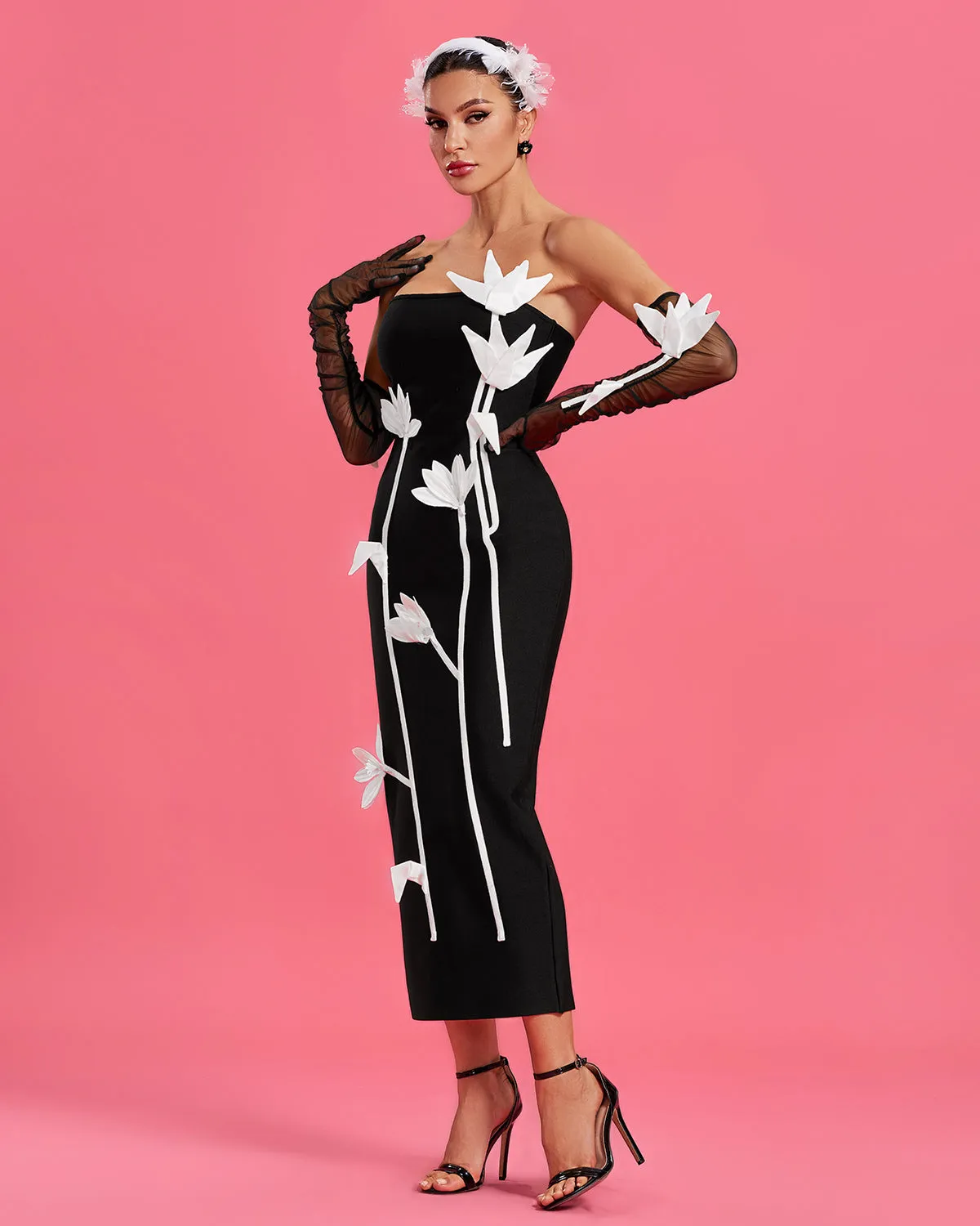 White-Flowers Strapless Midi Bandage Dress With Gloves